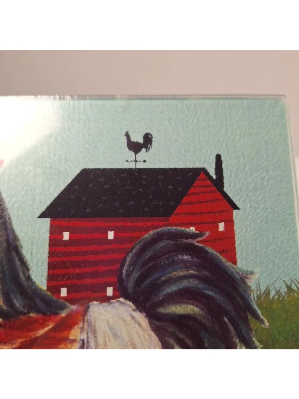 SQUARE TEMPERED TEXTURED GLASS CUTTING BOARD ROOSTER BARN NON-SLIP SILICONE FEET